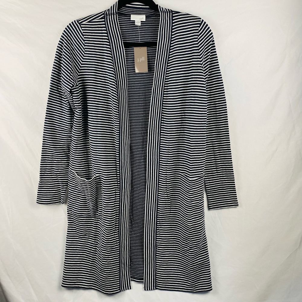 NEW J. Jill Navy Blue & White Striped Long Open Cardigan‎ Small Classic Coastal